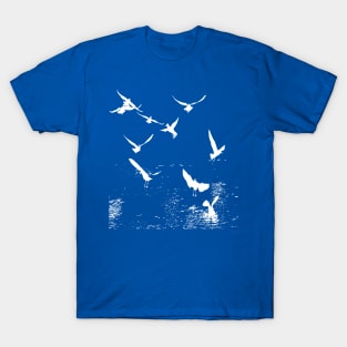 White Silhouette Of A Flock Of Seagulls Scavenging T-Shirt